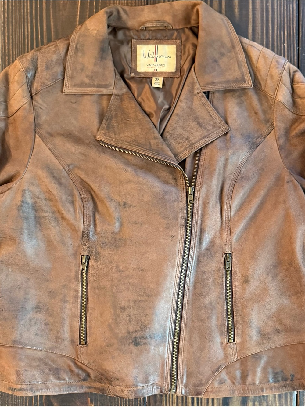 Wilsons Leather Brown Distressed Asymmetrical Zip Jacket. Women’s Cropped Biker